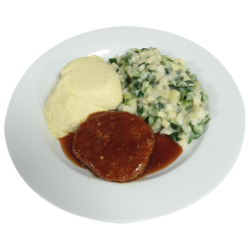 Kipburger Kippenjus  Courgette met saus Aardappelpuree